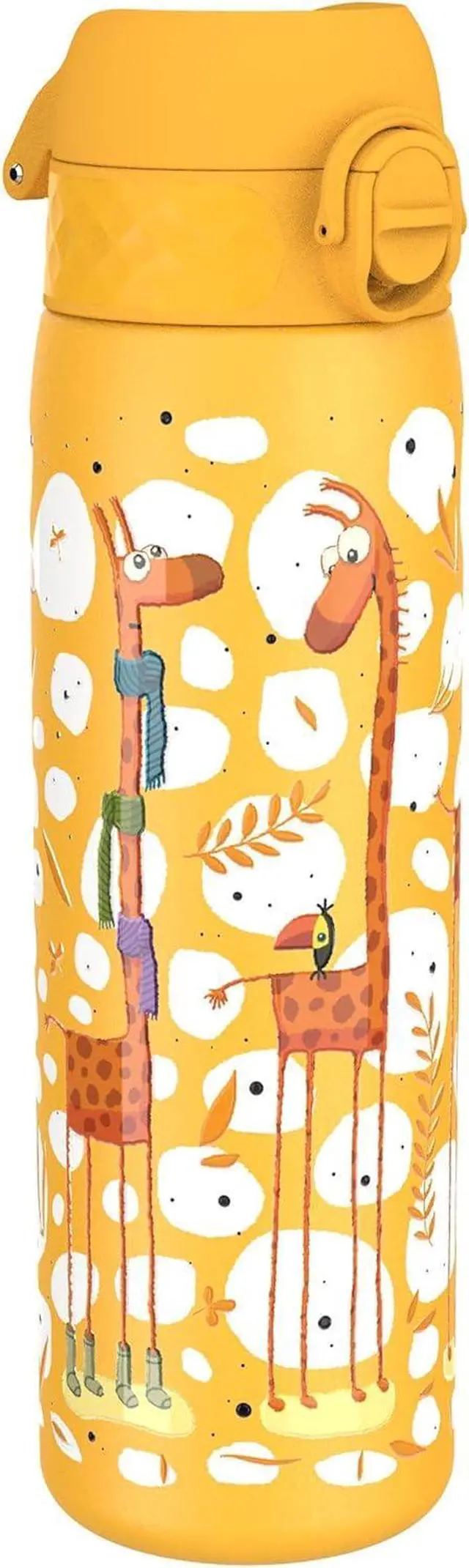 Main image of Ion8 Steel Water Bottle, 600 ml/20 oz, Leak Proof, Easy to Open, Secure Lock, Dishwasher Safe, Flip Cover, Fits Cup Holders, Carry Handle, Durable, Scratch Resistant, Raised Print, Giraffes Design