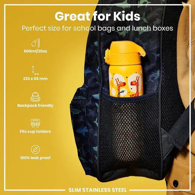 Alt view image 2 of 7 - Ion8 Steel Water Bottle, 600 ml/20 oz, Leak Proof, Easy to Open, Secure Lock, Dishwasher Safe, Flip Cover, Fits Cup Holders, Carry Handle, Durable, Scratch Resistant, Raised Print, Giraffes Design