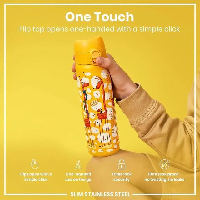 Alt view image 3 of 7 - Ion8 Steel Water Bottle, 600 ml/20 oz, Leak Proof, Easy to Open, Secure Lock, Dishwasher Safe, Flip Cover, Fits Cup Holders, Carry Handle, Durable, Scratch Resistant, Raised Print, Giraffes Design