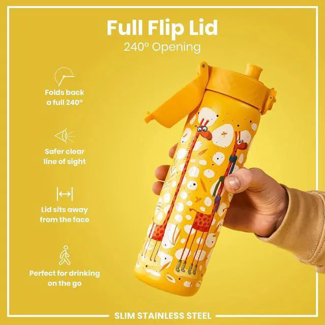 Alt view image 4 of 7 - Ion8 Steel Water Bottle, 600 ml/20 oz, Leak Proof, Easy to Open, Secure Lock, Dishwasher Safe, Flip Cover, Fits Cup Holders, Carry Handle, Durable, Scratch Resistant, Raised Print, Giraffes Design