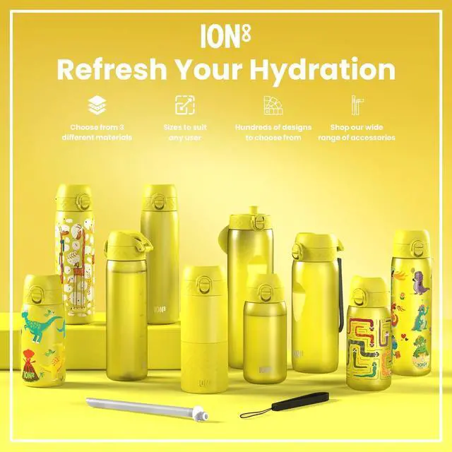 Alt view image 7 of 7 - Ion8 Steel Water Bottle, 600 ml/20 oz, Leak Proof, Easy to Open, Secure Lock, Dishwasher Safe, Flip Cover, Fits Cup Holders, Carry Handle, Durable, Scratch Resistant, Raised Print, Giraffes Design