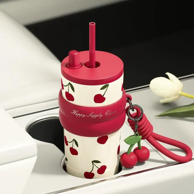 Alt view image 6 of 7 - 24 oz Stainless Steel Tumbler with Lid and Straw, Insulated Water Bottle Leak Proof for Hot and Cold, Portable Travel Coffee Mug, Reusable Coffee Cup for Women, Cherry