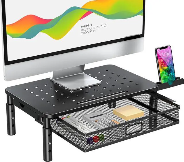 Main image of Zimilar Monitor Stand Riser with Metal Mesh Drawer, Height Adjustable | Monitor Riser with Phone Holder for Computer, Laptop, Printer, Notebook, Metal Computer Monitor Stand with Storage