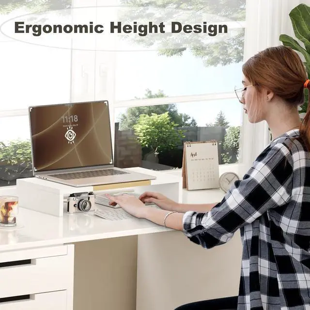 Alt view image 7 of 7 - TEAMIX 20 Inch Monitor Stand Riser, Wooden Desktop Riser for TV/PC/Laptop/Printer, Cozy Monitor Riser with Storage, Laptop Shelf for Home Office
