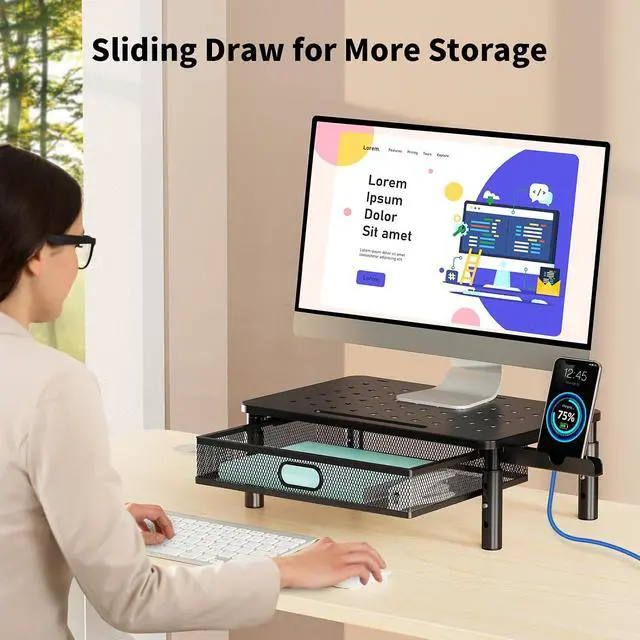 Alt view image 5 of 7 - Zimilar Monitor Stand Riser with Metal Mesh Drawer, Height Adjustable | Monitor Riser with Phone Holder for Computer, Laptop, Printer, Notebook, Metal Computer Monitor Stand with Storage