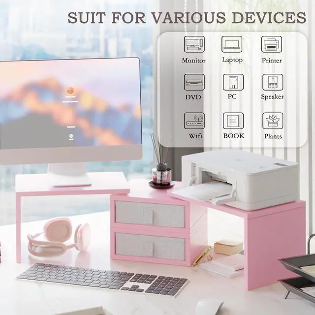 Alt view image 2 of 7 - TEAMIX Pink Dual Monitor Stand Riser with 2 Drawers - Length and Angle Adjustable Double Corner Desk Shelf Organizer 37 inch for 2 Laptop/PC/Screen/TV (2 Drawers - 8''H)