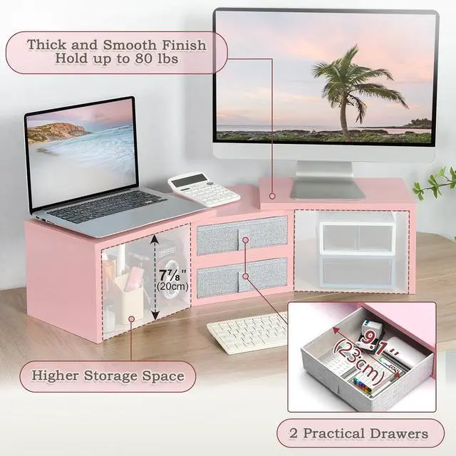 Alt view image 3 of 7 - TEAMIX Pink Dual Monitor Stand Riser with 2 Drawers - Length and Angle Adjustable Double Corner Desk Shelf Organizer 37 inch for 2 Laptop/PC/Screen/TV (2 Drawers - 8''H)