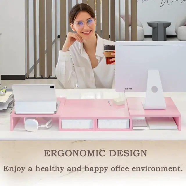 Alt view image 4 of 7 - TEAMIX Pink Dual Monitor Stand Riser with 2 Drawers - Length and Angle Adjustable Double Corner Desk Shelf Organizer 37 inch for 2 Laptop/PC/Screen/TV (2 Drawers - 8''H)
