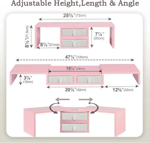 Alt view image 5 of 7 - TEAMIX Pink Dual Monitor Stand Riser with 2 Drawers - Length and Angle Adjustable Double Corner Desk Shelf Organizer 37 inch for 2 Laptop/PC/Screen/TV (2 Drawers - 8''H)