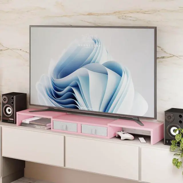 Alt view image 7 of 7 - TEAMIX Pink Dual Monitor Stand Riser with 2 Drawers - Length and Angle Adjustable Double Corner Desk Shelf Organizer 37 inch for 2 Laptop/PC/Screen/TV (2 Drawers - 8''H)