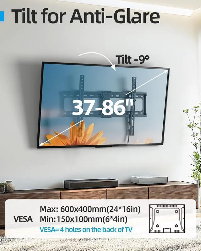 Alt view image 3 of 7 - Tilt TV Wall Mount Fits 16-24" Studs, Holds 37-86" TVs up to 132 lbs, Max VESA 600x400mm - by USX STAR