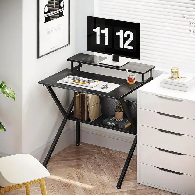 Alt view image 7 of 7 - ODK 27.5 Inch Small Desk with Storage & Monitor Stand, Black | Small Computer Desk for Small Spaces, Study Desk for Bedroom