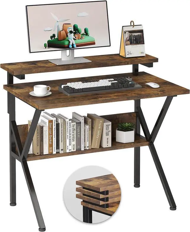 Main image of COTUBLR Small Desk, 27.5 Inch Small Computer Desk for Small Spaces, Computer Desk with Adjustable Monitor Stand, Compact Desk with Storage, Tiny Desk Study Desk for Bedroom Home Office, Rustic Brown
