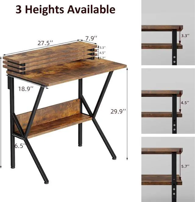Alt view image 3 of 7 - COTUBLR Small Desk, 27.5 Inch Small Computer Desk for Small Spaces, Computer Desk with Adjustable Monitor Stand, Compact Desk with Storage, Tiny Desk Study Desk for Bedroom Home Office, Rustic Brown