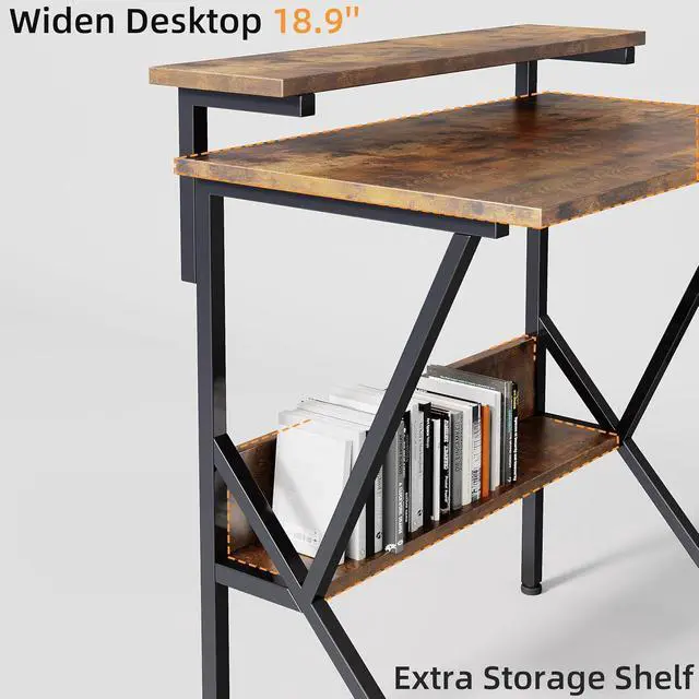 Alt view image 4 of 7 - COTUBLR Small Desk, 27.5 Inch Small Computer Desk for Small Spaces, Computer Desk with Adjustable Monitor Stand, Compact Desk with Storage, Tiny Desk Study Desk for Bedroom Home Office, Rustic Brown