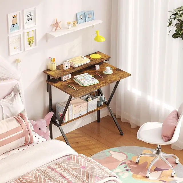 Alt view image 5 of 7 - COTUBLR Small Desk, 27.5 Inch Small Computer Desk for Small Spaces, Computer Desk with Adjustable Monitor Stand, Compact Desk with Storage, Tiny Desk Study Desk for Bedroom Home Office, Rustic Brown