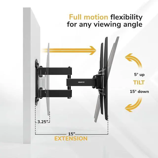 Alt view image 4 of 7 - Mount-It! Full Motion Corner TV Wall Mount Bracket - Single Stud Install - 90° Swivel, Tilt & 15 Extension - Single Articulating Arm for 19-55 TVs - Heavy-Duty Steel - VESA 100x100-400x400-66 lbs