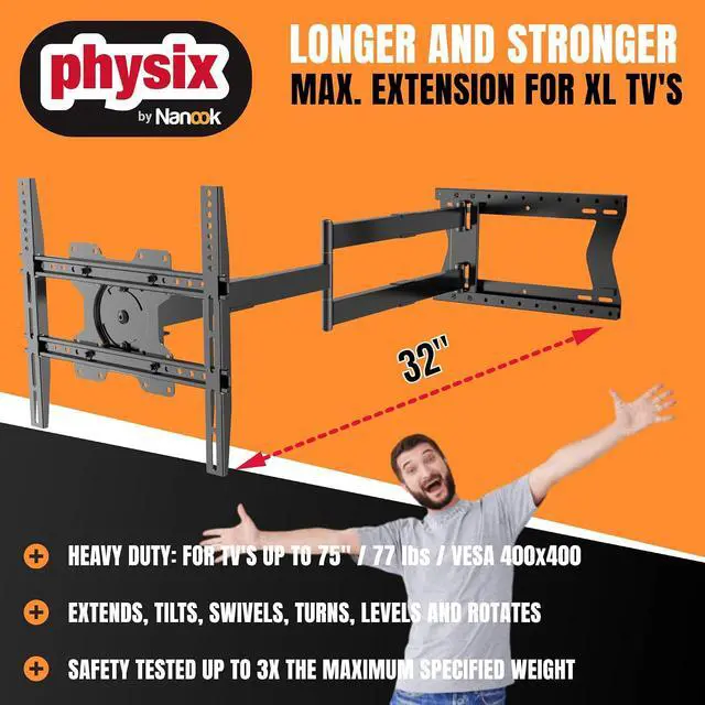 Alt view image 2 of 6 - 2080 Long Arm TV Wall Mount for 32-75'' Screens, Extension 32'', Heavy-Duty Max 88 lbs - Full Motion, Tilting & Swiveling, Max VESA 400x400