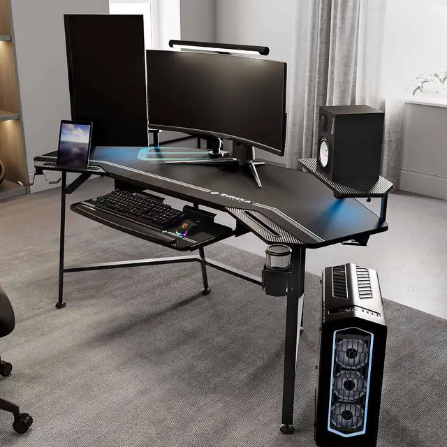 Alt view image 2 of 7 - EUREKA ERGONOMIC Gaming Desk Wing Shaped Keyboard Tray 72 Inch Black | LED monitor stand with dual headphone hooks and cup holder, built for gaming, streaming, and studio setups