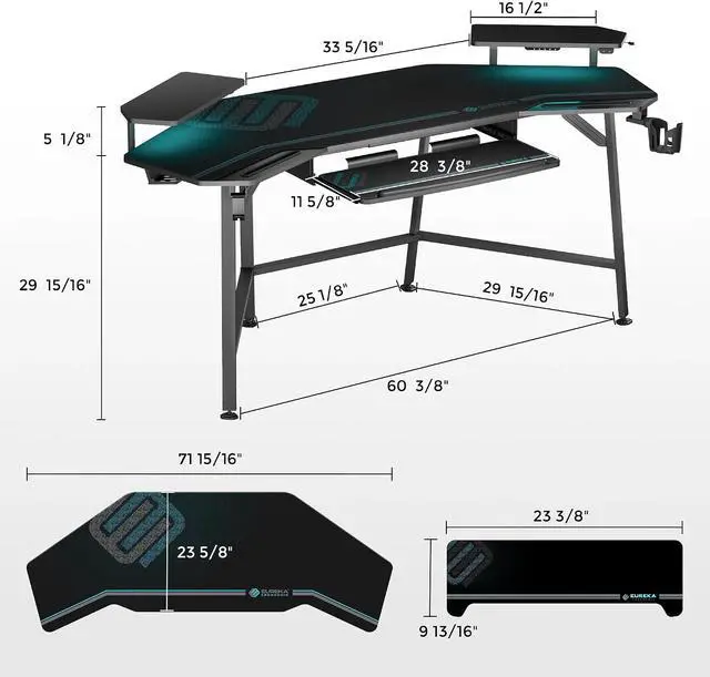 Alt view image 3 of 7 - EUREKA ERGONOMIC Gaming Desk Wing Shaped Keyboard Tray 72 Inch Black | LED monitor stand with dual headphone hooks and cup holder, built for gaming, streaming, and studio setups