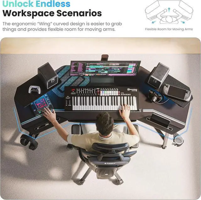 Alt view image 4 of 7 - EUREKA ERGONOMIC Gaming Desk Wing Shaped Keyboard Tray 72 Inch Black | LED monitor stand with dual headphone hooks and cup holder, built for gaming, streaming, and studio setups