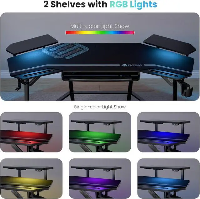 Alt view image 6 of 7 - EUREKA ERGONOMIC Gaming Desk Wing Shaped Keyboard Tray 72 Inch Black | LED monitor stand with dual headphone hooks and cup holder, built for gaming, streaming, and studio setups