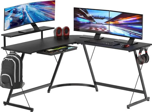 Main image of SHW 51 x 51 L-Shaped Corner Desk w/Monitor Stand and Drawer, Black | Drawer with adjustable compartments