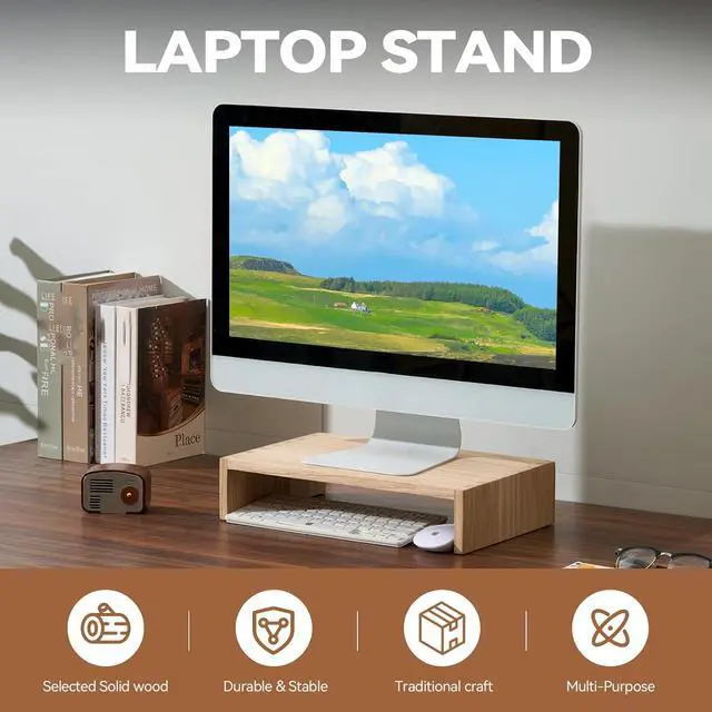 Alt view image 2 of 7 - KIRIGEN Wood Monitor Stand Riser for Desk, 15.39 Inch, Natural 39-NA