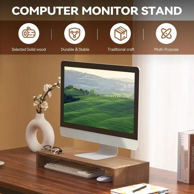 Alt view image 2 of 7 - KIRIGEN Wood Monitor Stand Riser for Desk, 23.23 Inch, Brown 59-DBR | Desktop Workspace Platforms Stand Fully Assembled for Monitors, Laptops, Small TVs, or Printers for Home Office