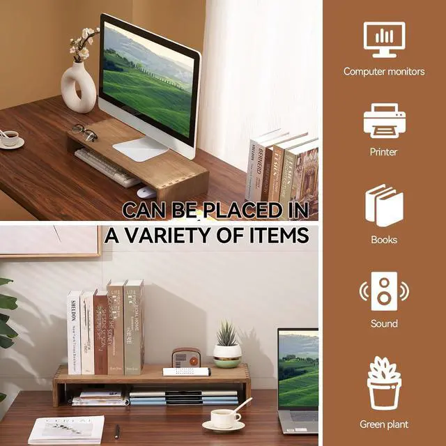 Alt view image 5 of 7 - KIRIGEN Wood Monitor Stand Riser for Desk, 23.23 Inch, Brown 59-DBR | Desktop Workspace Platforms Stand Fully Assembled for Monitors, Laptops, Small TVs, or Printers for Home Office