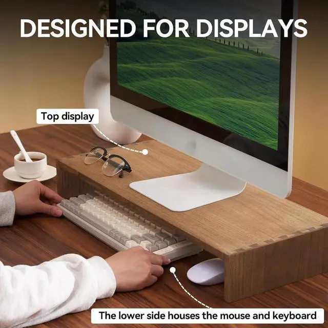 Alt view image 7 of 7 - KIRIGEN Wood Monitor Stand Riser for Desk, 23.23 Inch, Brown 59-DBR | Desktop Workspace Platforms Stand Fully Assembled for Monitors, Laptops, Small TVs, or Printers for Home Office