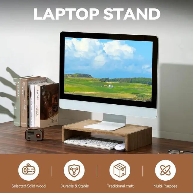Alt view image 2 of 7 - KIRIGEN Wood Monitor Stand Riser for Desk, 15.39 Inch, Brown 39-DBR | Solid Wood Desktop Shelf with Storage Space for Home Office Monitor, Printer, Computer Fully Assembled