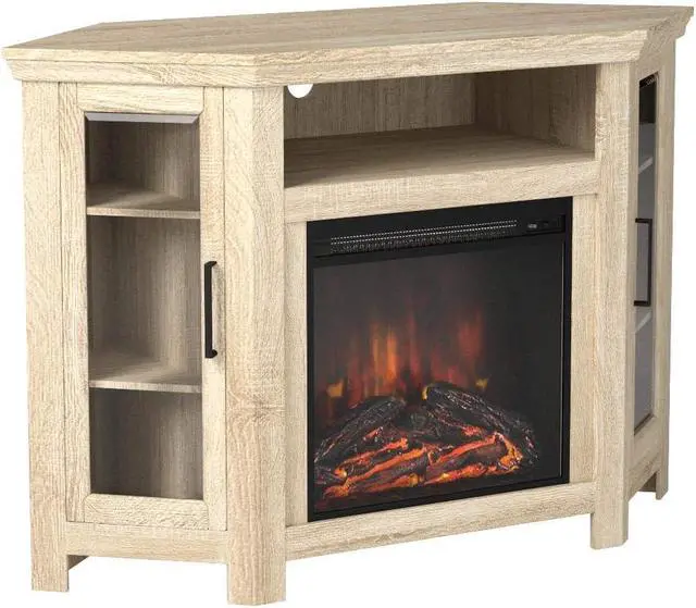 Alt view image 4 of 7 - Walker Edison Alcott Classic Glass Door Fireplace Corner TV Stand for TVs up to 55 Inches, 48 Inch, White Oak