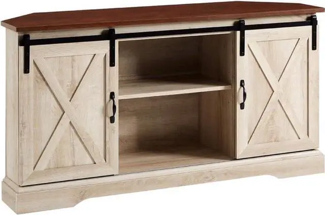 Main image of Walker Edison Everette Modern Farmhouse Double Sliding X Barn Door TV Stand for TVs up to 58 Inches 52 Inch Traditional Brown and White Oak