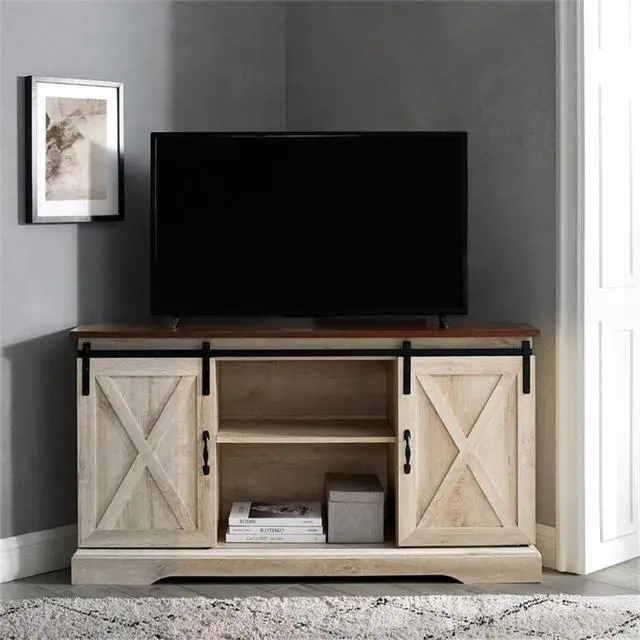 Alt view image 2 of 5 - Walker Edison Everette Modern Farmhouse Double Sliding X Barn Door TV Stand for TVs up to 58 Inches 52 Inch Traditional Brown and White Oak