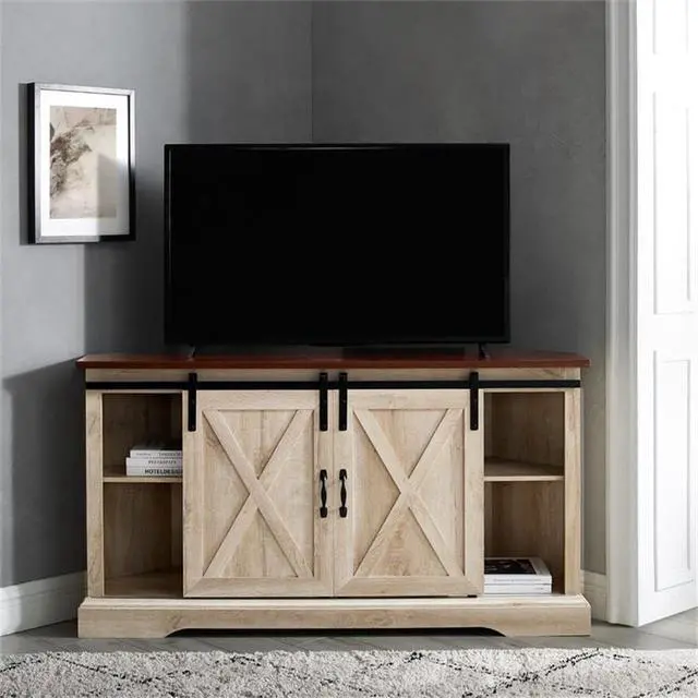 Alt view image 4 of 5 - Walker Edison Everette Modern Farmhouse Double Sliding X Barn Door TV Stand for TVs up to 58 Inches 52 Inch Traditional Brown and White Oak