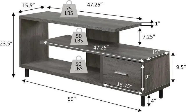 Alt view image 6 of 6 - Convenience Concepts Seal II TV Stand 23.75" - 3-Tier Entertainment Center for TVs up to 65 Inches, Modern 1 Drawer TV Mount with Shelves for Living Room, Espresso