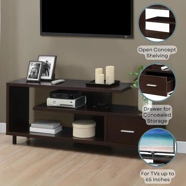 Alt view image 4 of 6 - Convenience Concepts Seal II TV Stand 23.75" - 3-Tier Entertainment Center for TVs up to 65 Inches, Modern 1 Drawer TV Mount with Shelves for Living Room, Espresso