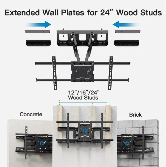 Alt view image 2 of 7 - Pipishell Full Motion 24'' Studs TV Wall Mount for 4084 inch TVs | Extended wall plates, extension, swivel, tilt, level, heavy-duty steel,16-24 studs, max VESA 600x400mm,up to 132 lbs