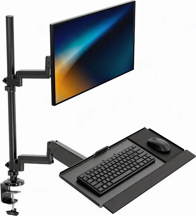 Main image of Mount-It! Sit-Stand Monitor Arm Desk Mount with Keyboard Tray, Single Monitor Fits Up to 32, Height Adjustable Gas Spring, Full Motion Articulating Arm, Clamp or Grommet, Black