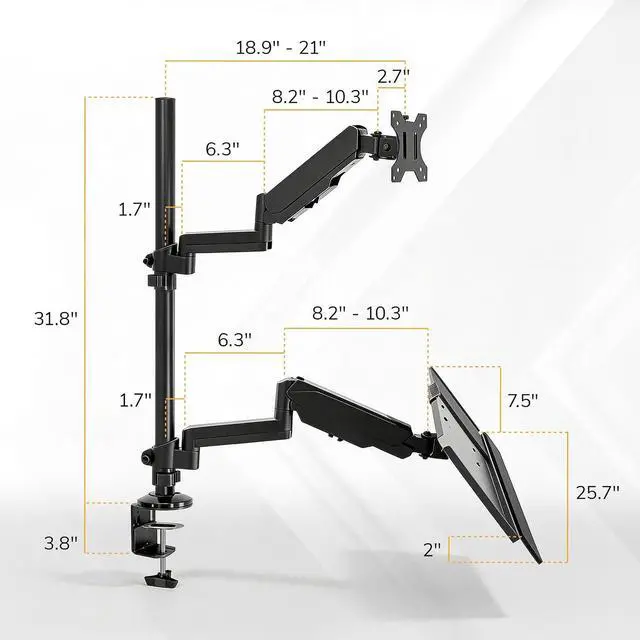 Alt view image 3 of 7 - Mount-It! Sit-Stand Monitor Arm Desk Mount with Keyboard Tray, Single Monitor Fits Up to 32, Height Adjustable Gas Spring, Full Motion Articulating Arm, Clamp or Grommet, Black