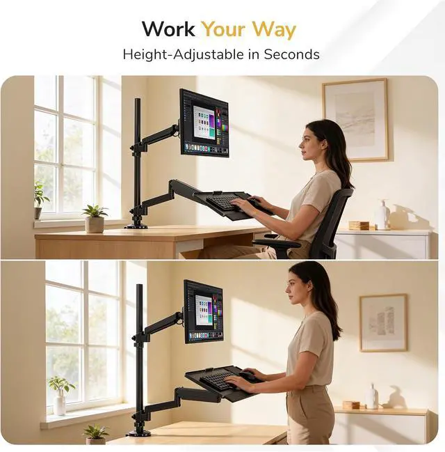 Alt view image 2 of 7 - Mount-It! Sit-Stand Monitor Arm Desk Mount with Keyboard Tray, Single Monitor Fits Up to 32, Height Adjustable Gas Spring, Full Motion Articulating Arm, Clamp or Grommet, Black