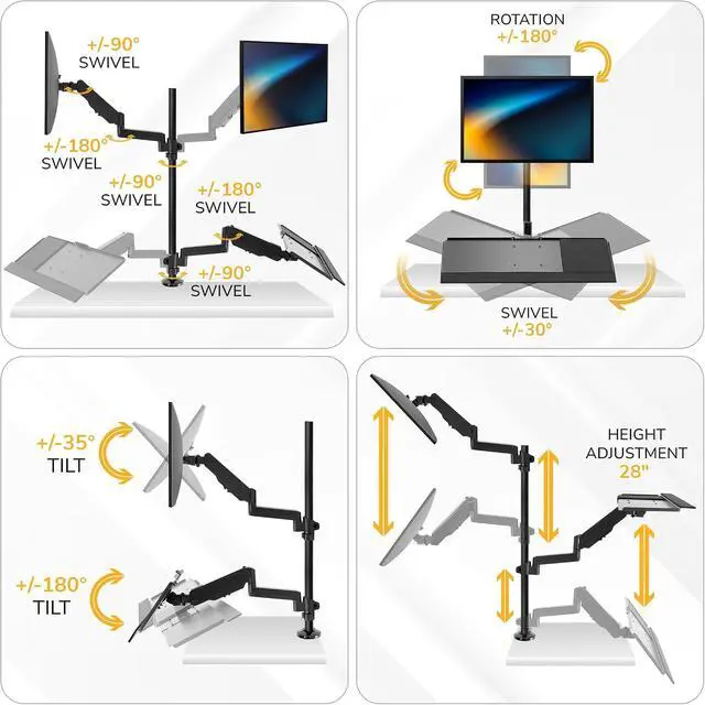 Alt view image 4 of 7 - Mount-It! Sit-Stand Monitor Arm Desk Mount with Keyboard Tray, Single Monitor Fits Up to 32, Height Adjustable Gas Spring, Full Motion Articulating Arm, Clamp or Grommet, Black
