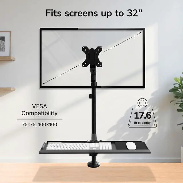 Alt view image 7 of 7 - Mount-It! Sit-Stand Monitor Arm Desk Mount with Keyboard Tray, Single Monitor Fits Up to 32, Height Adjustable Gas Spring, Full Motion Articulating Arm, Clamp or Grommet, Black