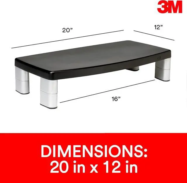 Alt view image 2 of 7 - 3M Extra Wide Adjustable Computer Monitor Stand, 20 in x 12 in | Height Adjustable Monitor Riser For Desk, Office, Home With Underneath Storage Space, No Skid