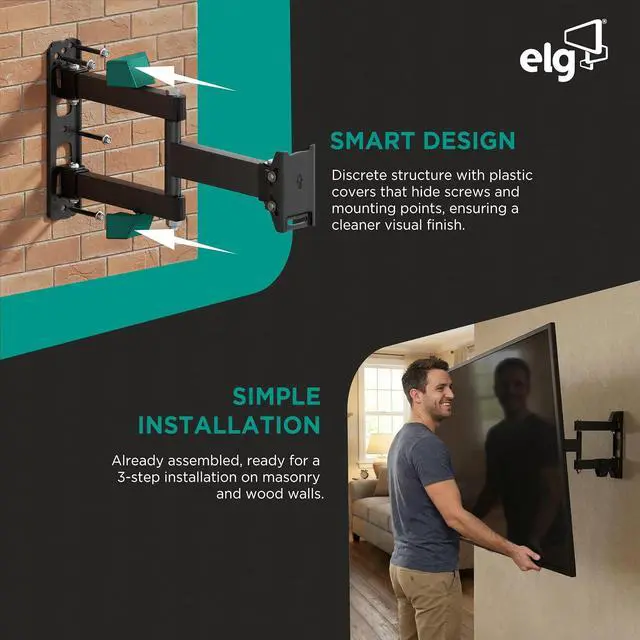 Alt view image 3 of 7 - ELG Full Motion TV Wall Mount, 12"-42" TVs up to 66.1 lbs, 16" Reach, 3-Joint Arm, Swivel, Tilt, VESA 100x100 to 200x200mm, Pre-Assembled, Bubble Level, Carbon Steel, Black