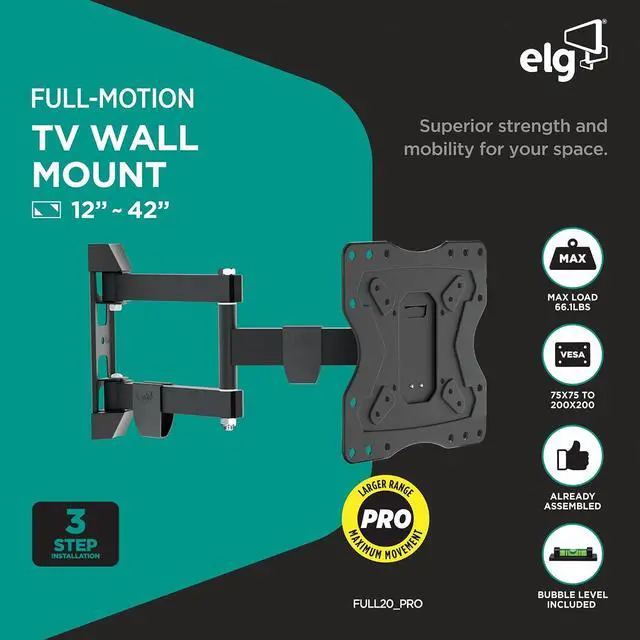 Alt view image 2 of 7 - ELG Full Motion TV Wall Mount, 12"-42" TVs up to 66.1 lbs, 16" Reach, 3-Joint Arm, Swivel, Tilt, VESA 100x100 to 200x200mm, Pre-Assembled, Bubble Level, Carbon Steel, Black