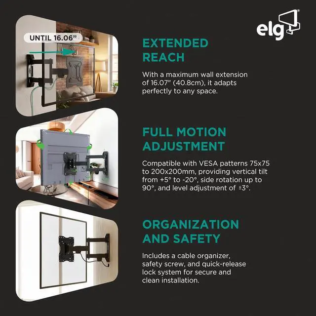 Alt view image 5 of 7 - ELG Full Motion TV Wall Mount, 12"-42" TVs up to 66.1 lbs, 16" Reach, 3-Joint Arm, Swivel, Tilt, VESA 100x100 to 200x200mm, Pre-Assembled, Bubble Level, Carbon Steel, Black