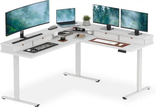 Main image of SANODESK 71x63 Electric L-Shaped Corner Standing Desk with 4 Drawers | Reversible L-Shape Desk, 28.3"-45.9" Height, 4 Presets, 3-Leg Frame Holds 220 Lbs, Spacious Top, 2-Box Ship, White
