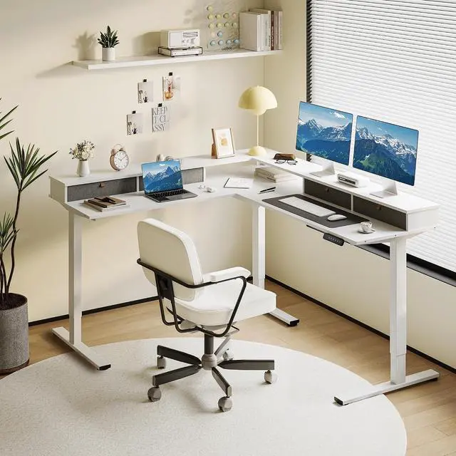 Alt view image 2 of 7 - SANODESK 71x63 Electric L-Shaped Corner Standing Desk with 4 Drawers | Reversible L-Shape Desk, 28.3"-45.9" Height, 4 Presets, 3-Leg Frame Holds 220 Lbs, Spacious Top, 2-Box Ship, White